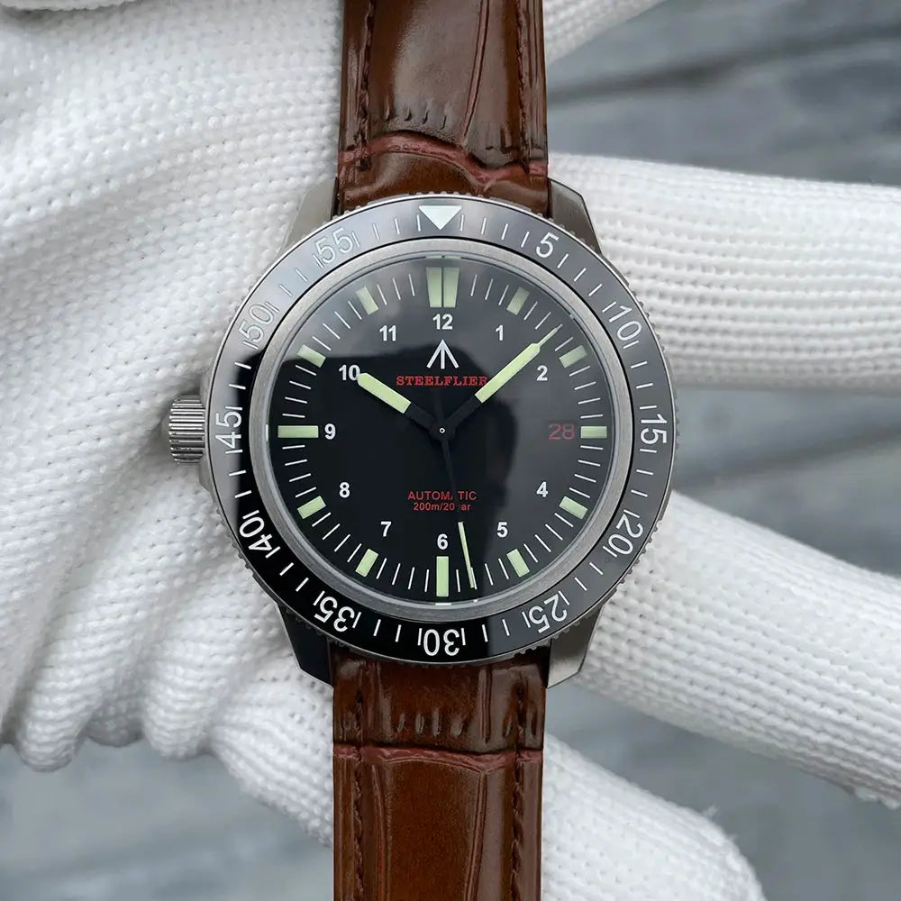 STEELFLIER SF783 NH35 automatic dive watch with black dial, luminous markers, ceramic bezel, brown leather strap