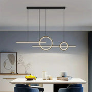 Modern LED pendant light by Simples Market; minimalist chandelier with circular rings and a horizontal bar, black.
