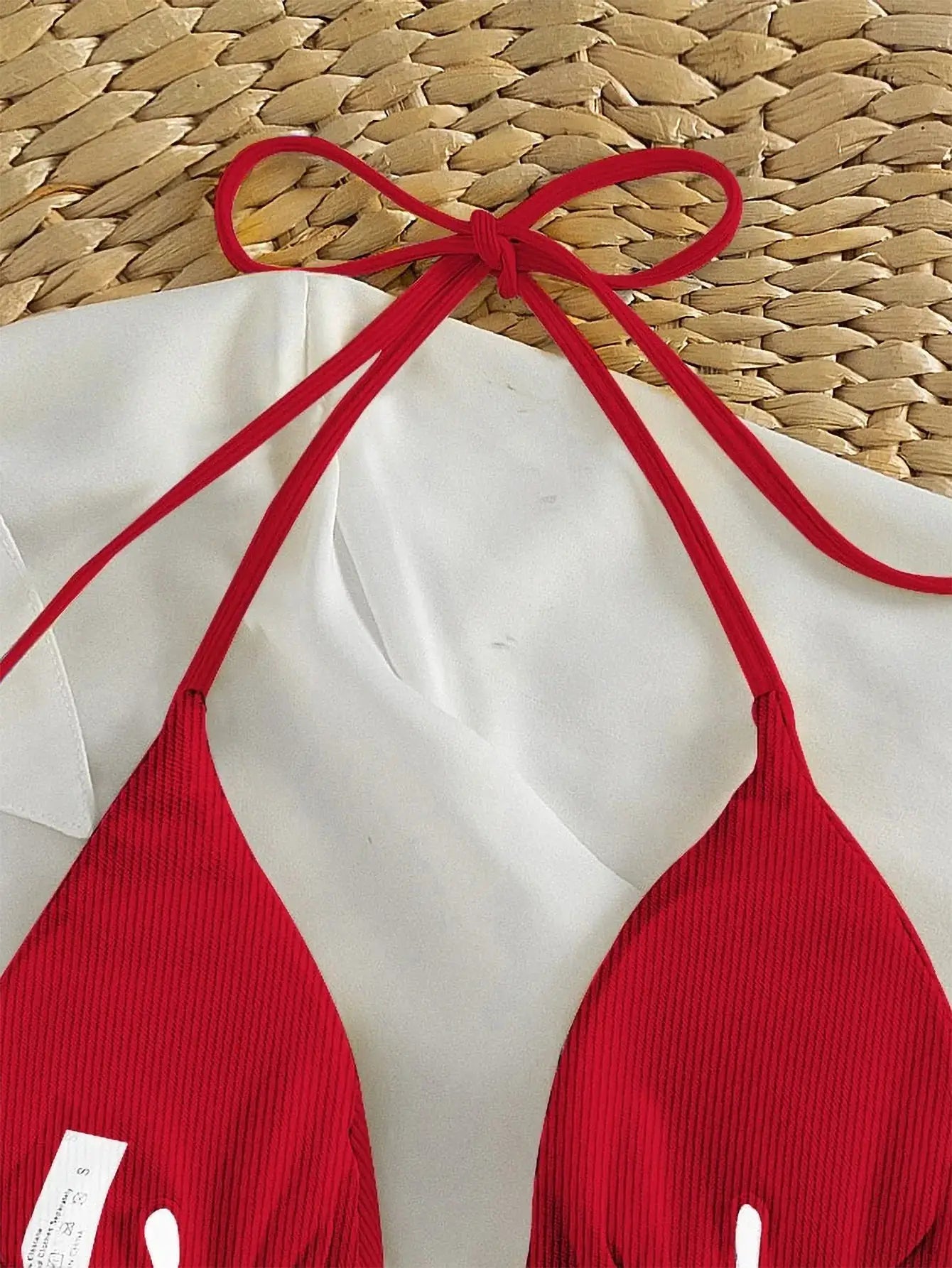 Simples Market red triangle bikini top with ribbed fabric and adjustable neck and side ties