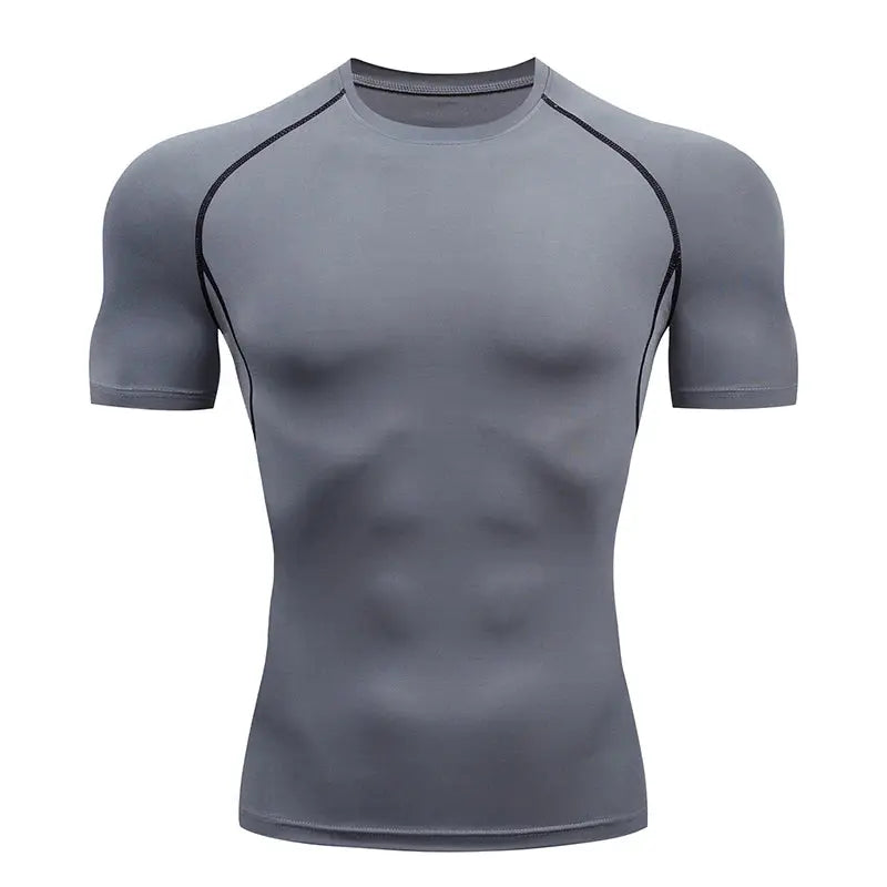 Men's gray short-sleeve compression T-shirt for running, athletic top with black contrast seams