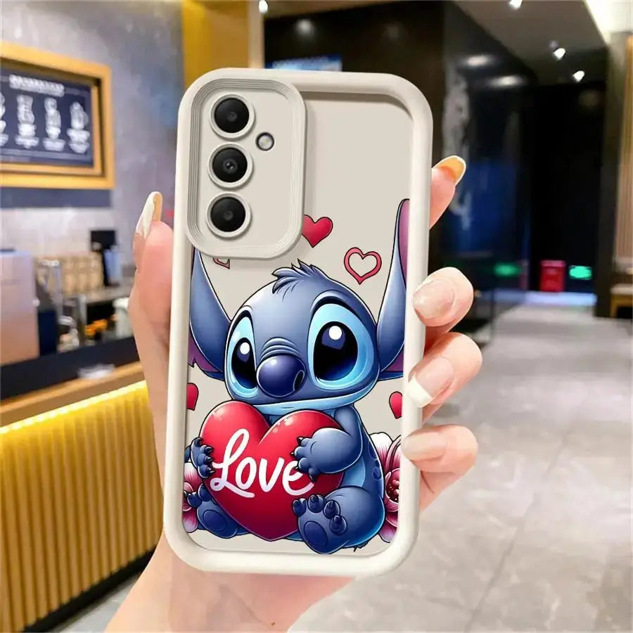 Cute Disney Stitch soft phone case for Samsung Galaxy; blue Stitch holding a red heart