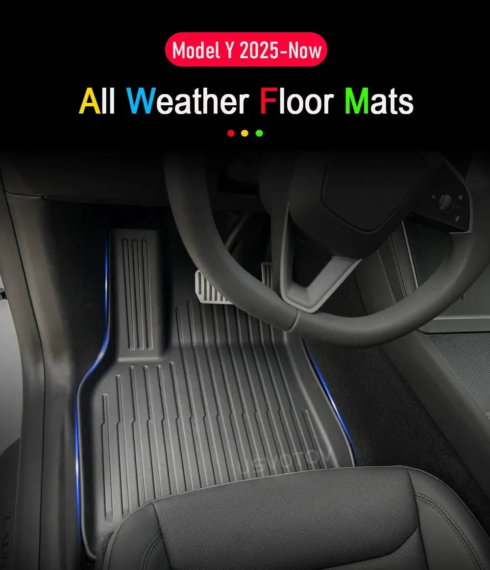All-weather floor mats for Tesla Model Y 2025–2026 with blue edge trim by Simples Market