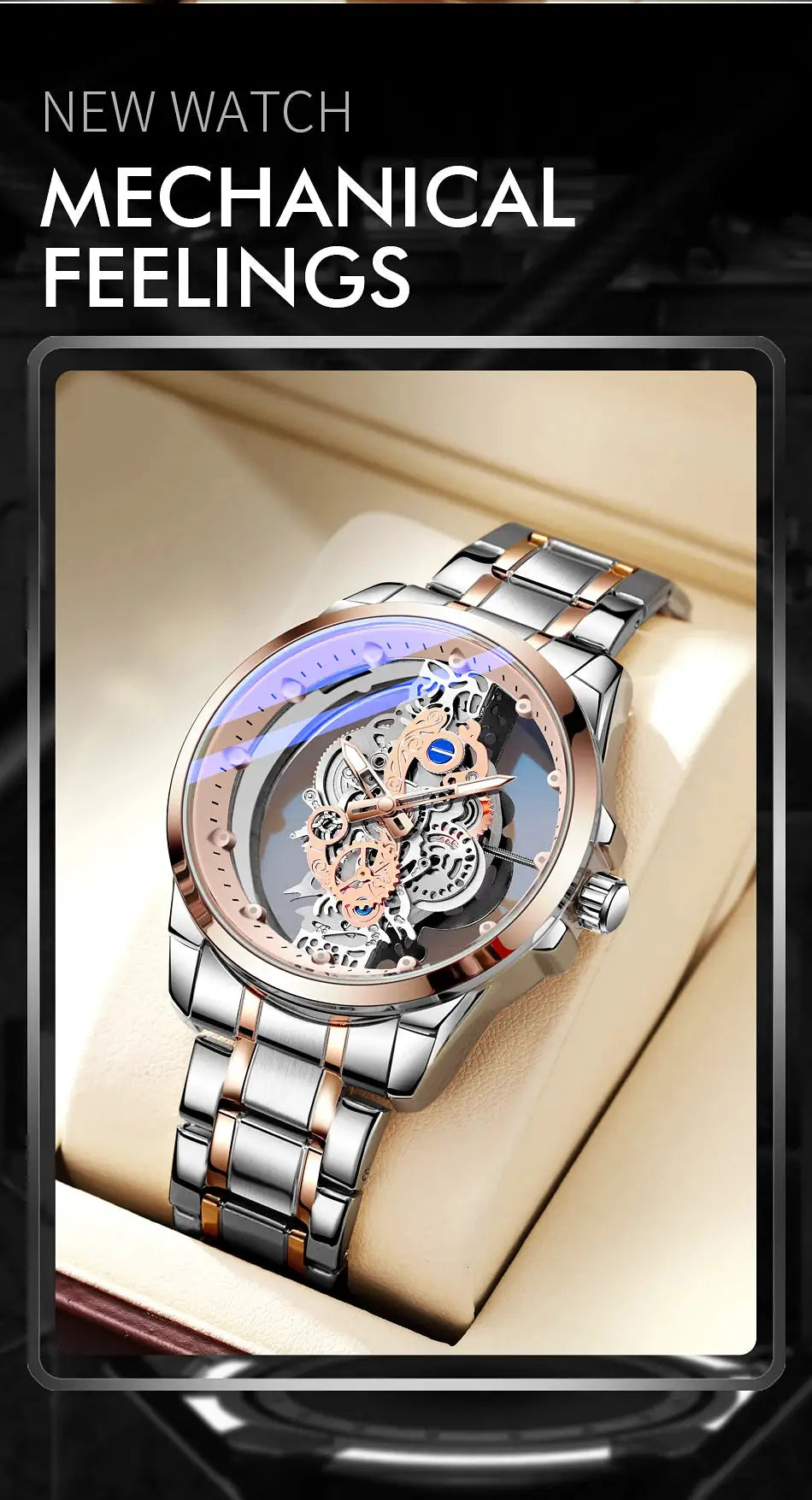 Men's skeleton automatic wristwatch, two-tone silver and rose-gold bracelet with transparent dial.