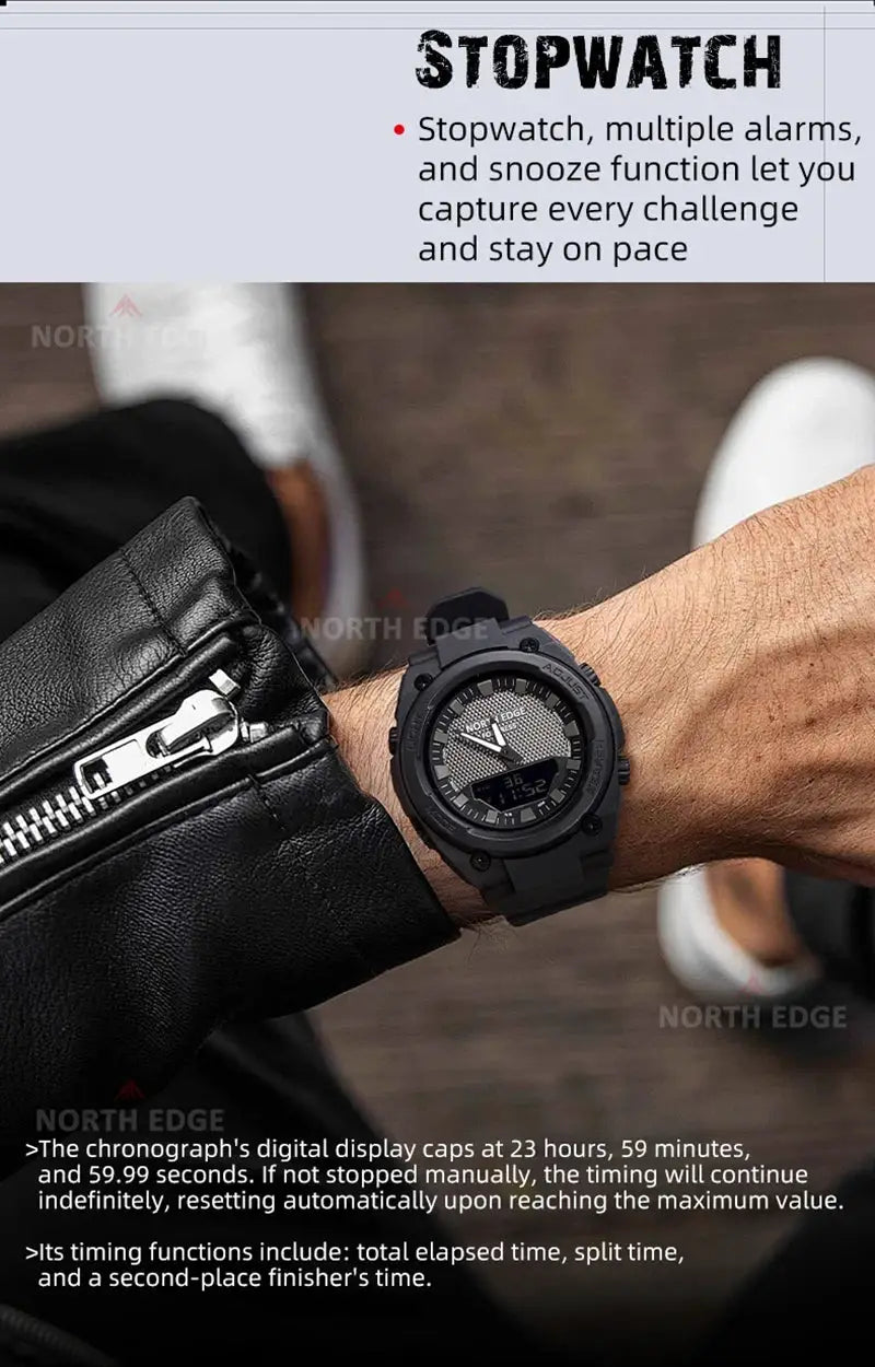 North Edge Fortress 2026 men's digital sport watch, black rugged case on wrist