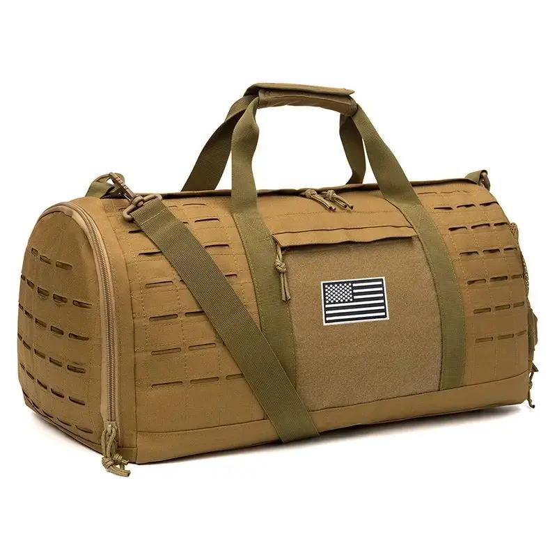 40L tactical gym duffel bag, tan with MOLLE webbing and US flag patch