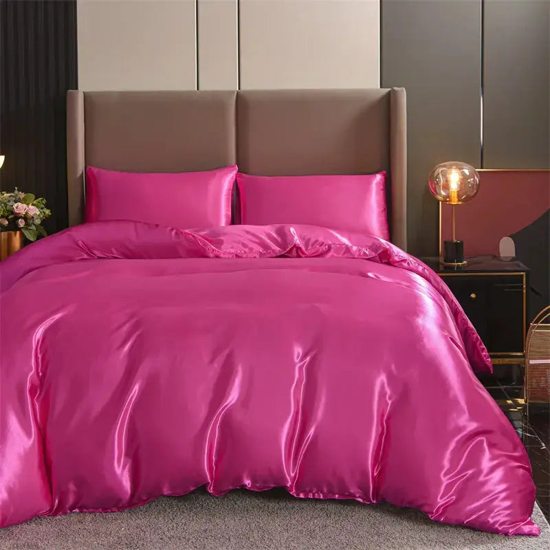 3pc satin duvet cover set, queen size, hot pink with two pillowcases