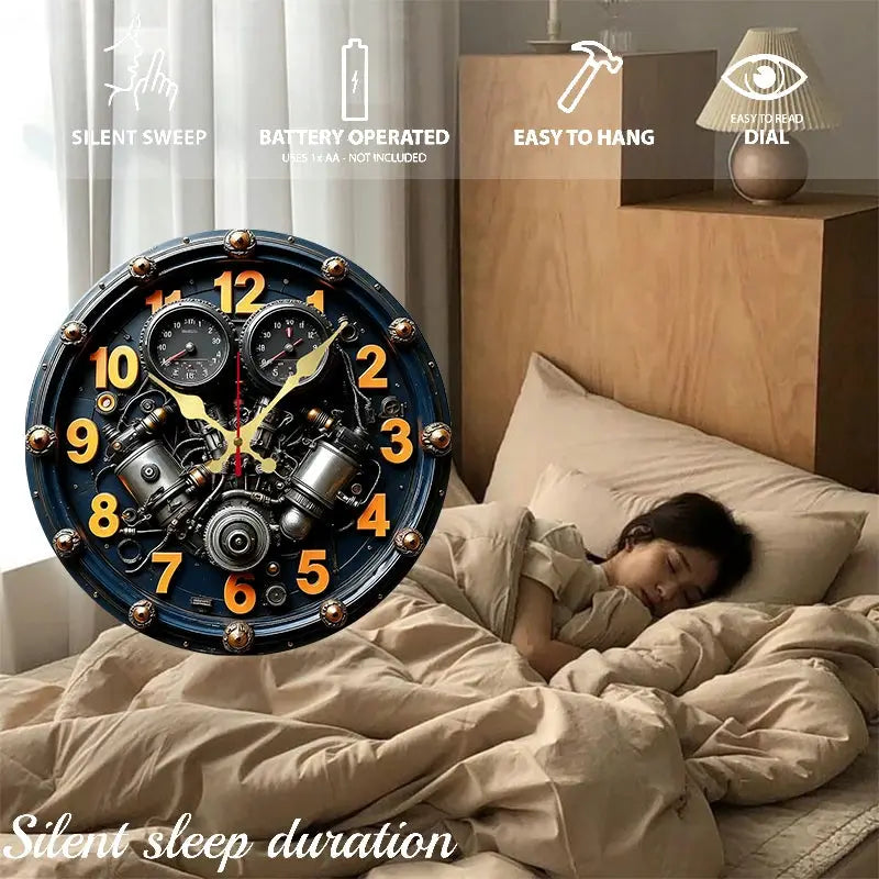 2D engine-style round wooden wall clock by Simples Market, blue with orange numerals, battery-operated hanging decor.