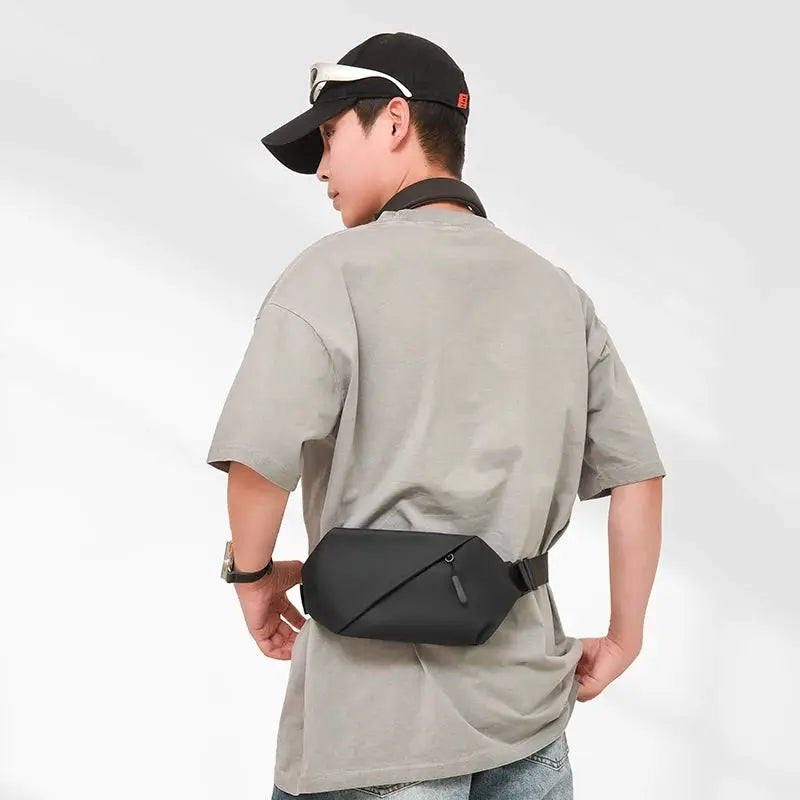 Simples Market men's minimalist black waterproof waist bag worn at the waist