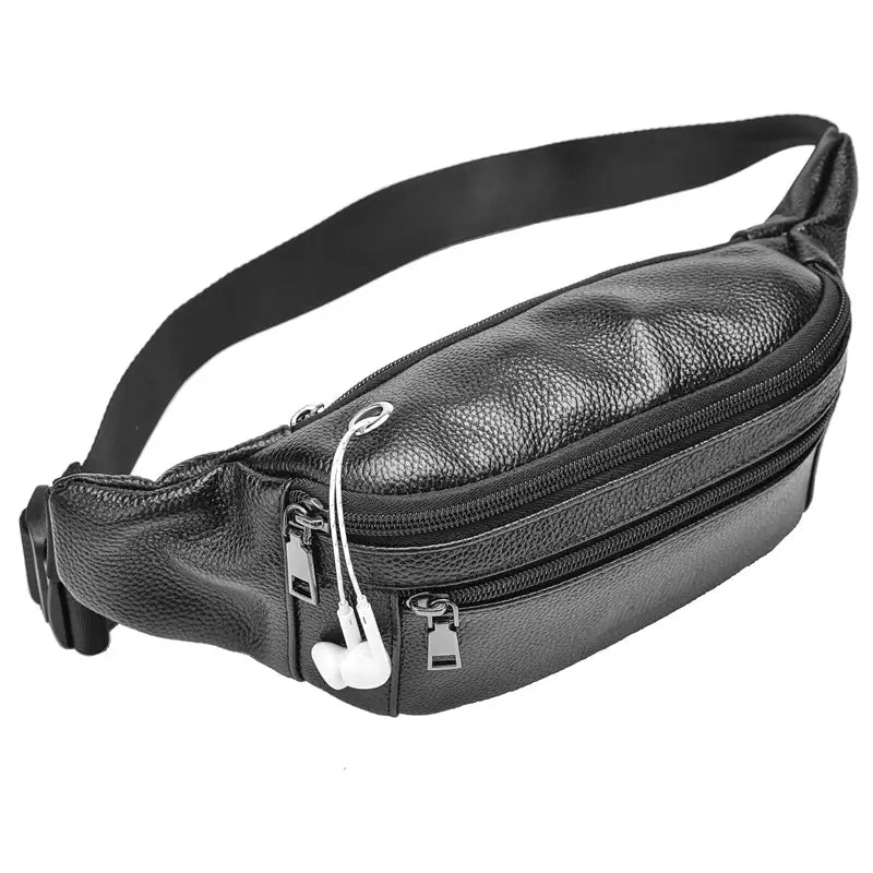Men's genuine leather chest bag crossbody, black, with dual zip pockets by Simples Market