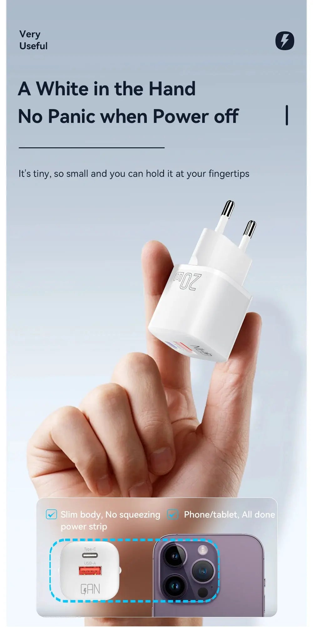 Essager 20W GaN PD USB-C wall charger in white, held between fingers