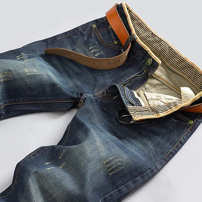 Simples Market men's blue distressed denim jeans, straight-leg stretch pants with belt