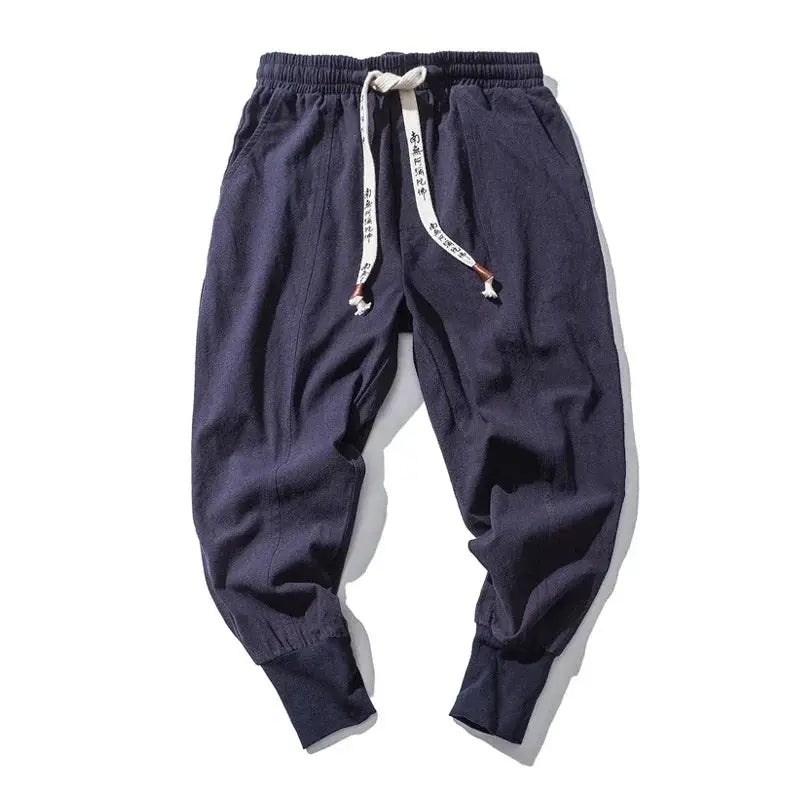 Men's cotton-linen harem joggers by Simples Market, navy blue baggy drop-crotch pants with drawstring waist