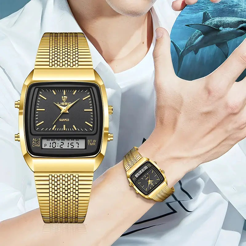 Two men's gold digital-analog watches with metal bracelets, dual time, 3-bar waterproof quartz