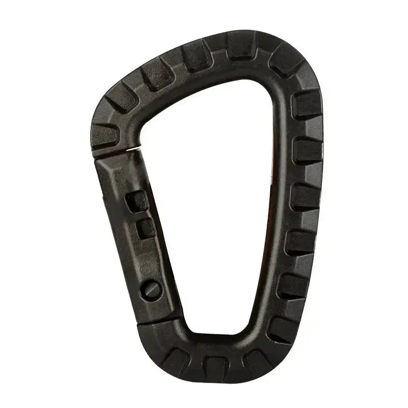 Military tactical carabiner clip, black D-ring with rugged ridged design