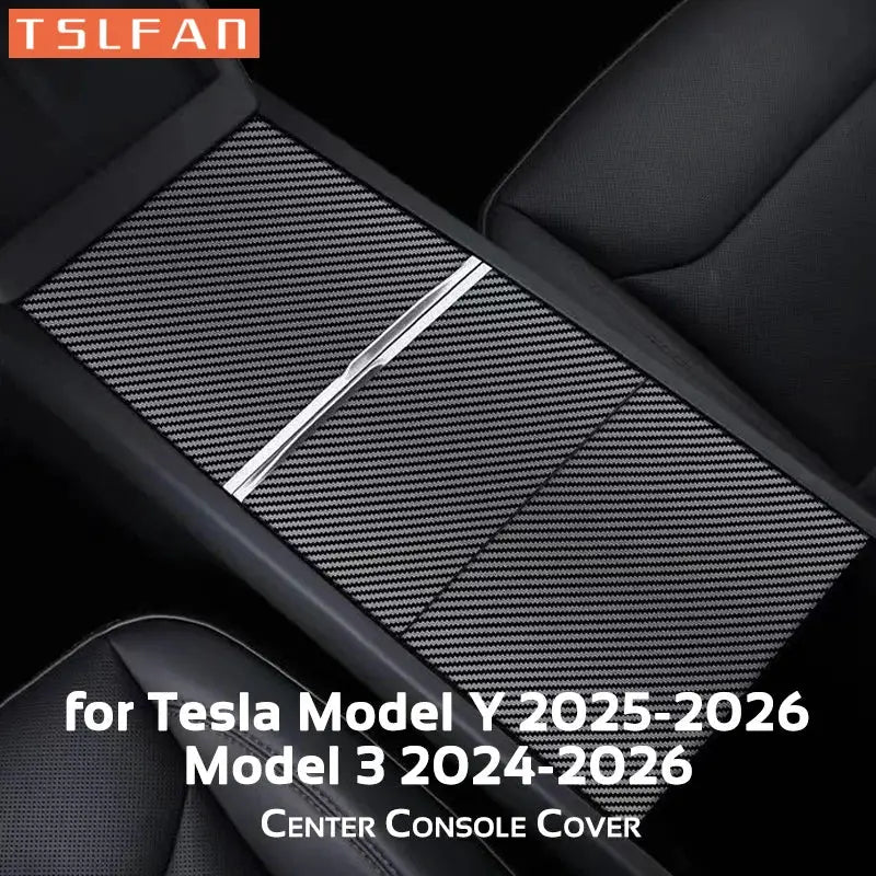 Center console cover by TSLFAN for Tesla Model 3/Y (2024–2026), carbon fiber texture