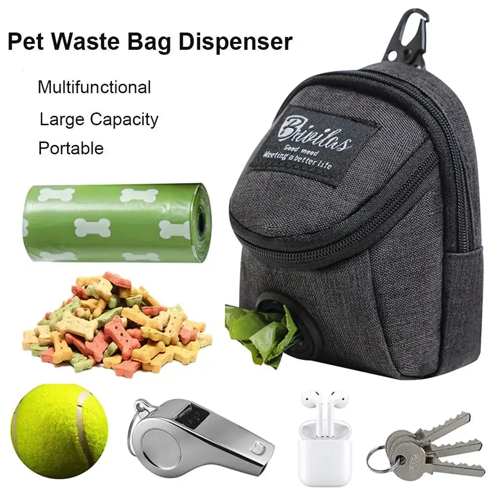 Simples Market pet waste bag dispenser backpack, gray fabric, with bag roll, dog treats, tennis ball, whistle