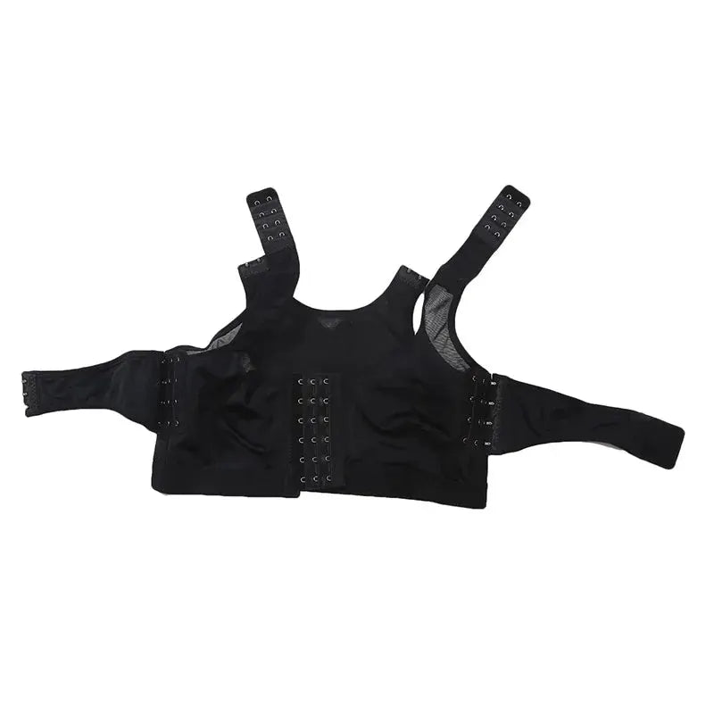 Simples Market black post-surgery compression bralette with front and side hook closures and adjustable straps