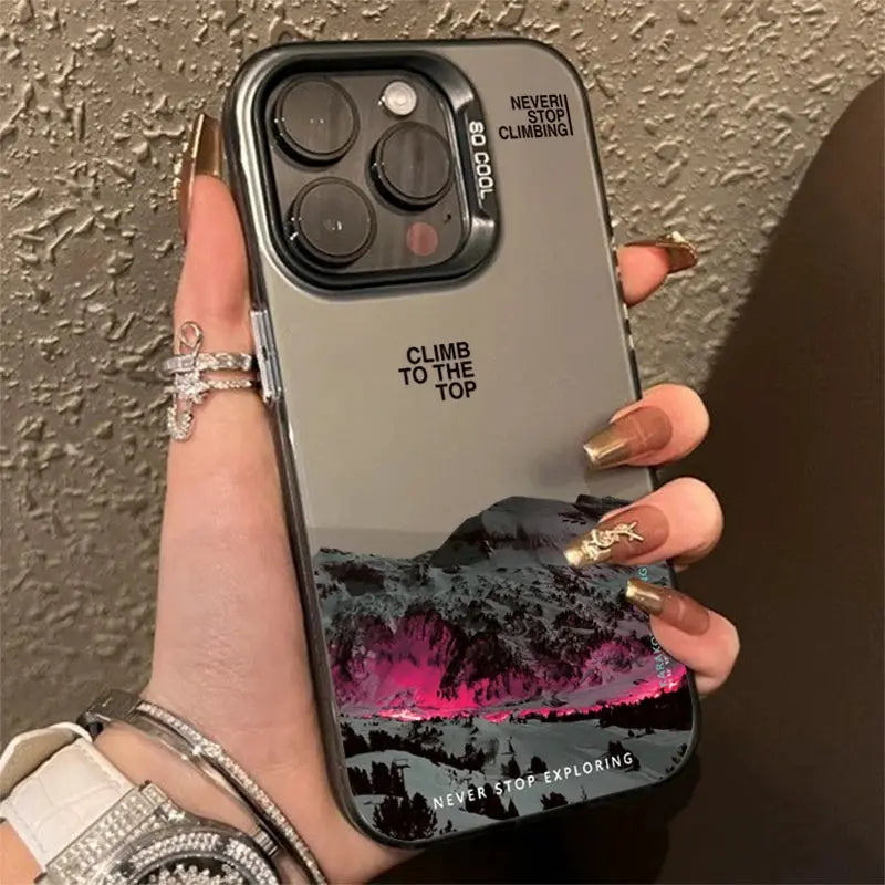 SnowPeak Snow Mountain Sunset Electroplate Phone Case For iPhone 11 To 16 Pro Max Durable Silver Shield