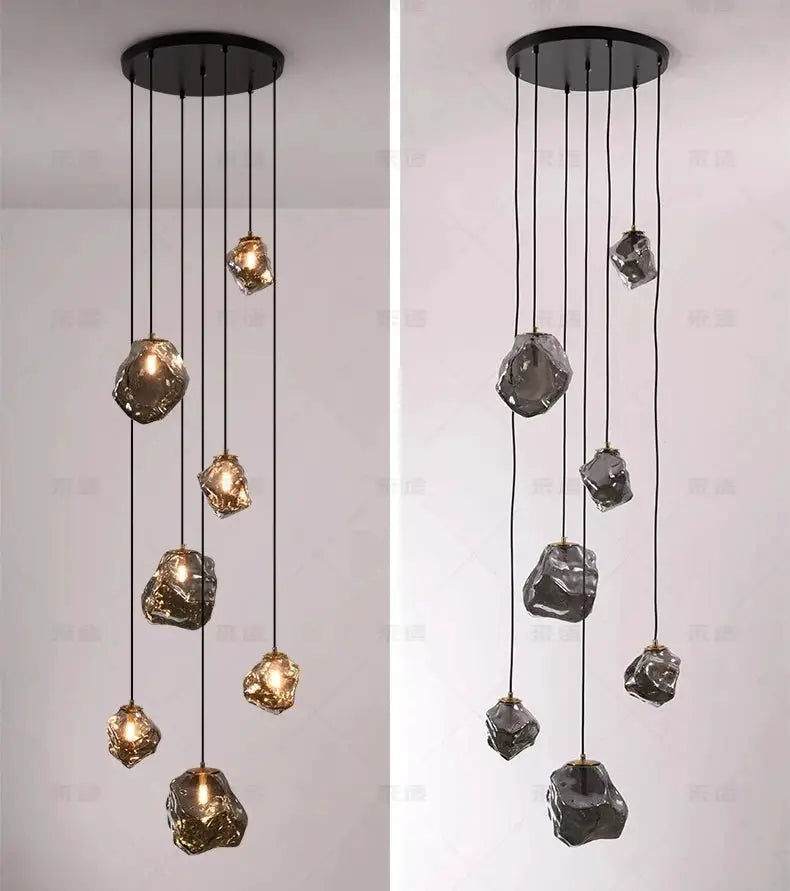 Pendant lights by Simples Market: rock-shaped glass fixtures, warm white LED, ideal for staircase or living room decor