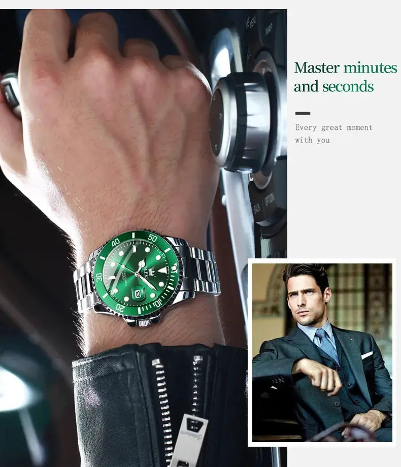 OLEVS 5885 men's stainless steel watch with green dial, calendar, and luminous hands