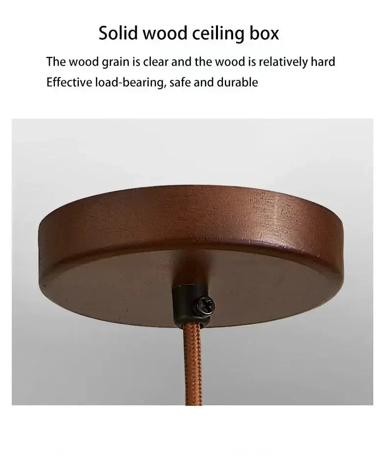 Solid wood pendant lamp with round brown canopy and braided cord