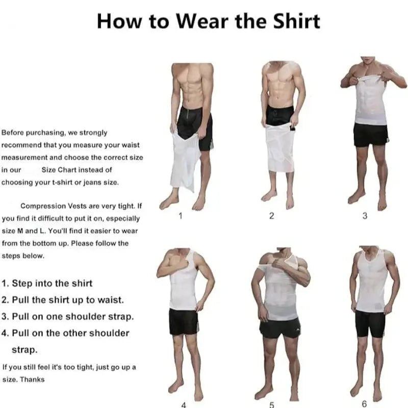 Men's compression undershirt tank top by Simples Market; white body shaper for chest and abdomen, six-step wearing guide