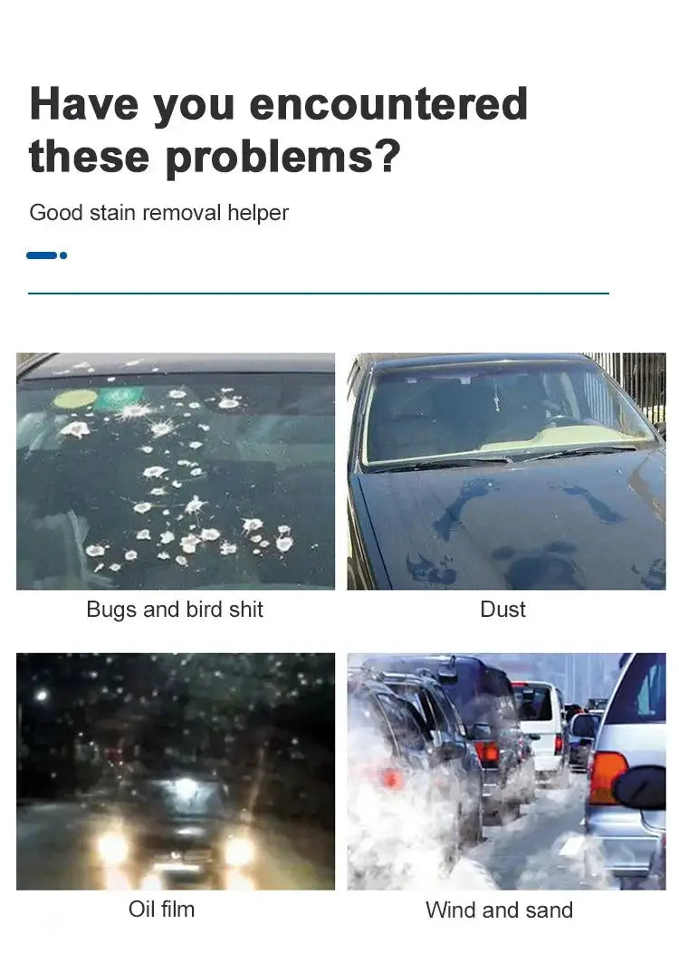 Car windshield washer tablets collage showing four stains: bugs and bird poop, dust, oil film, wind and sand