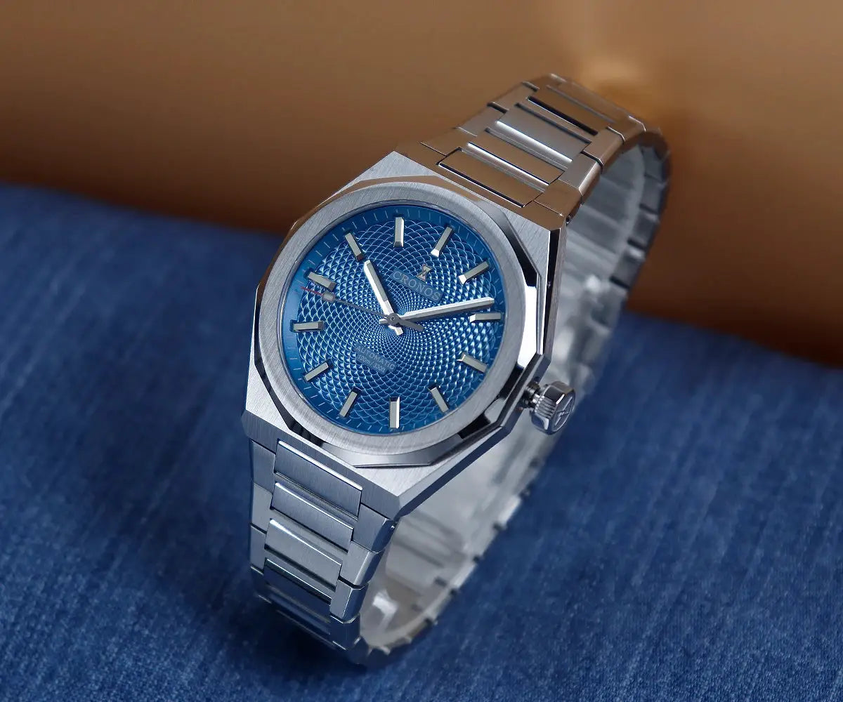Simples Market Cronos New Rhombus Perlage 39mm stainless steel automatic watch with blue textured dial