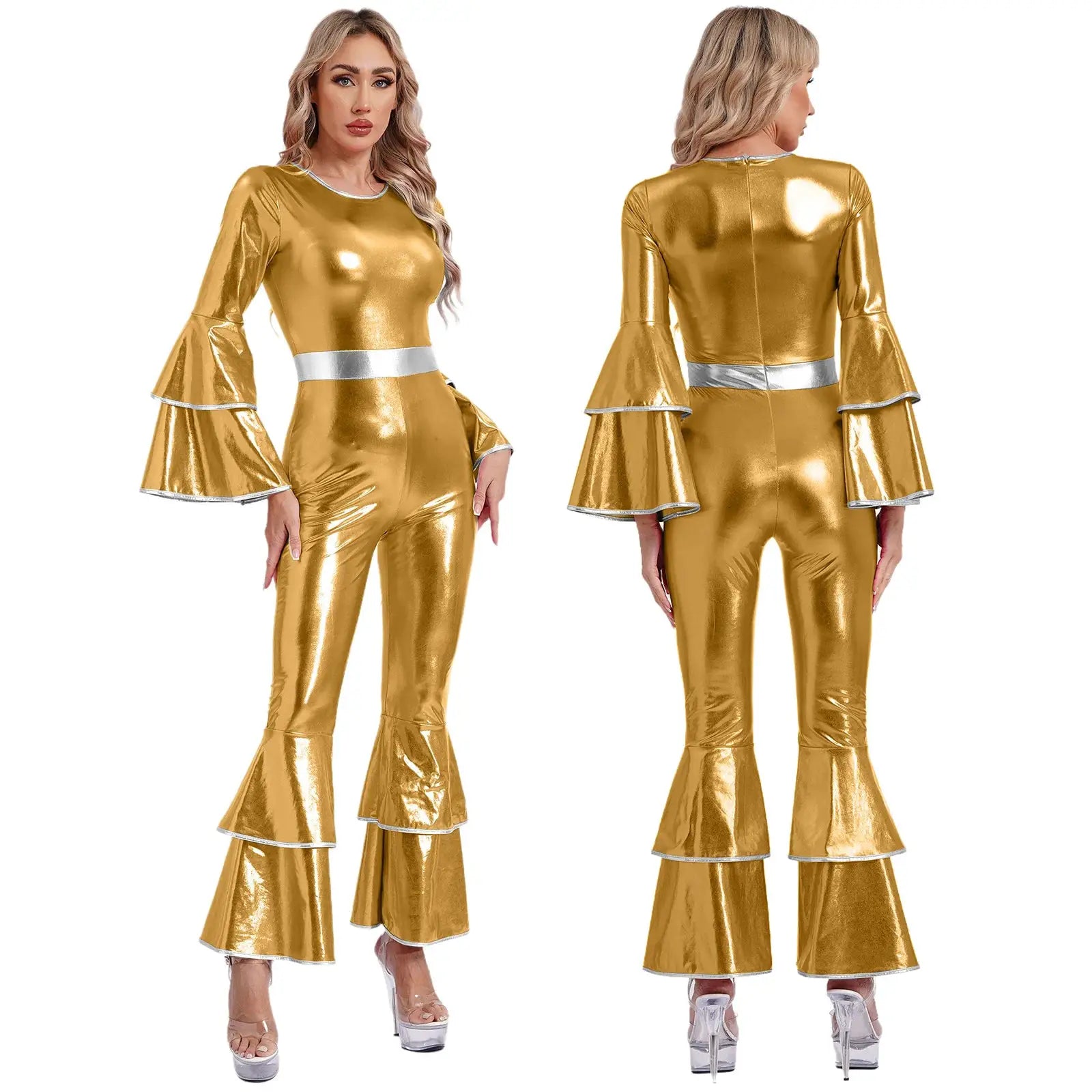 Simples Market gold metallic 70s disco jumpsuit with bell sleeves and silver waist belt, front and back views