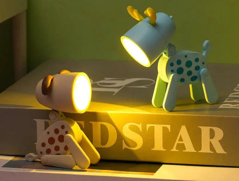 Mini LED night light folding desk lamp set of 2 in cartoon dog and deer shapes, yellow and teal, Simples Market