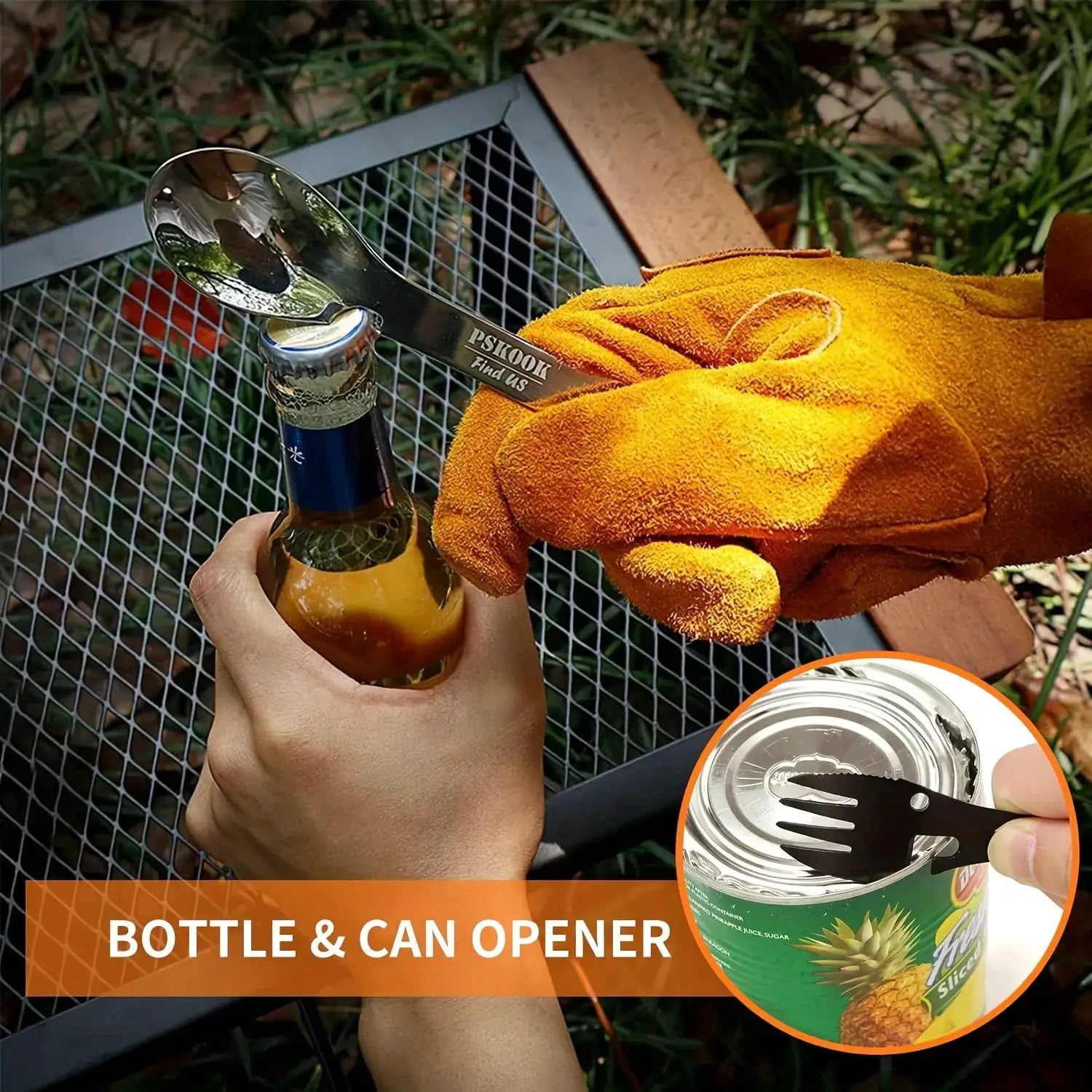PSKOOK 5-in-1 outdoor survival tool; bottle and can opener in use, stainless steel camping EDC by Simples Market