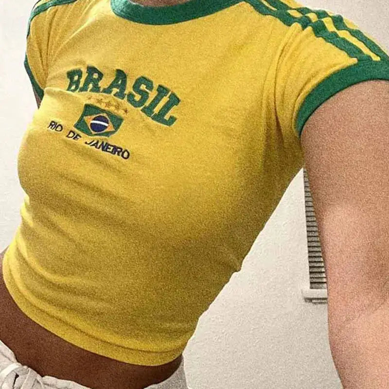 Womens Aesthetic Brasil Letter Print T Shirt And Shorts Set Y2K Grunge
