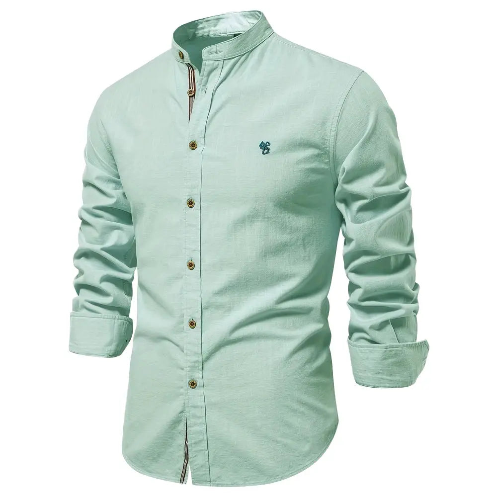 Men's cotton long-sleeve shirt in mint green; stand collar, front buttons, chest logo from Simples Market.