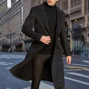 Simples Market men's black wool coat, long trench overcoat with lapels.