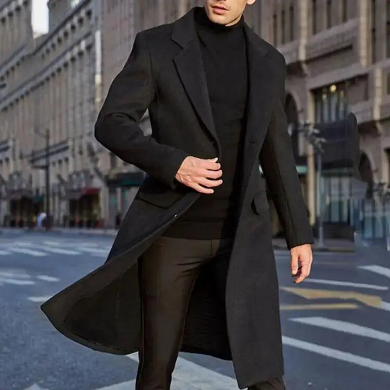 Simples Market men's black wool coat, long trench overcoat with lapels.