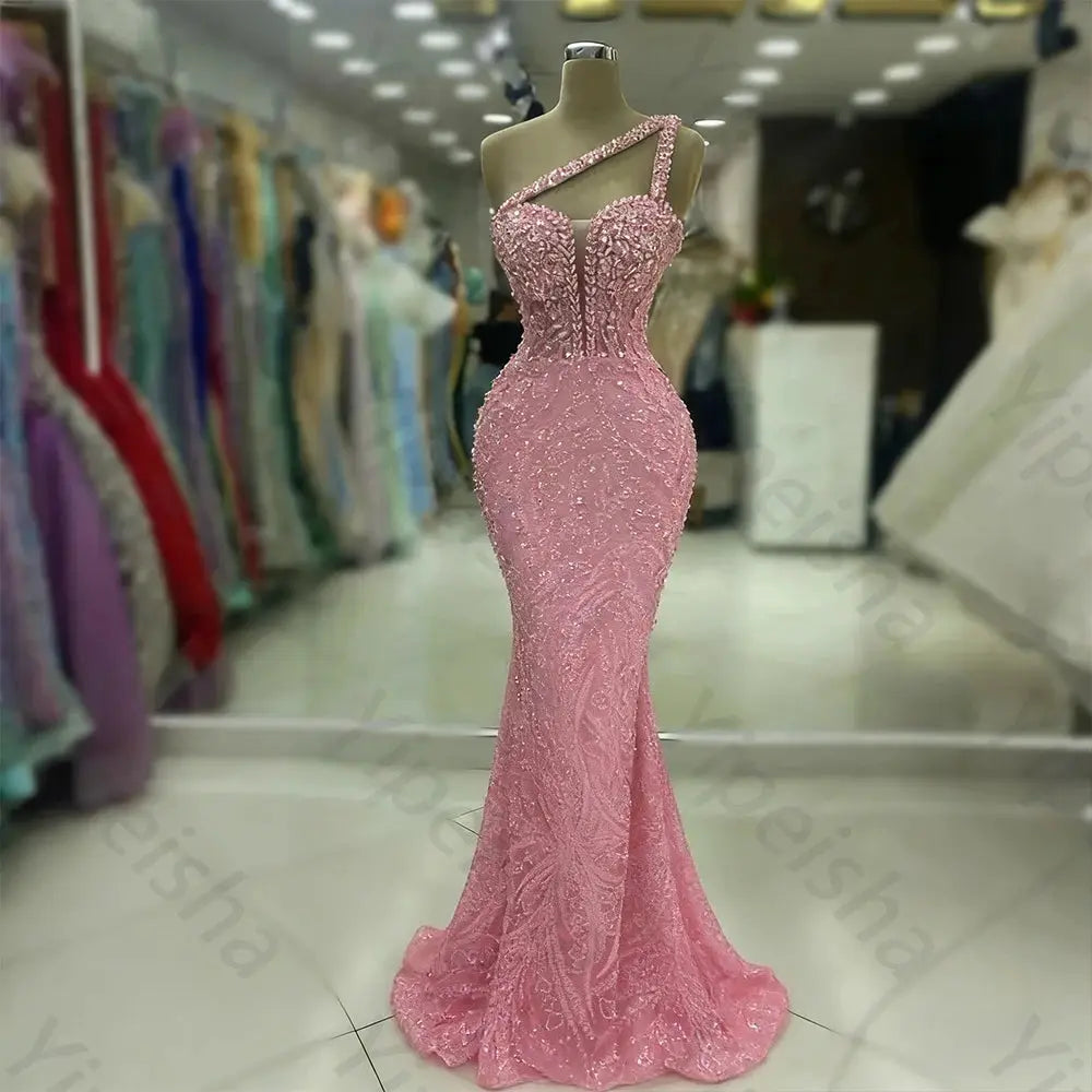 One Shoulder Backless Sequin Mermaid Evening Gown With Beading