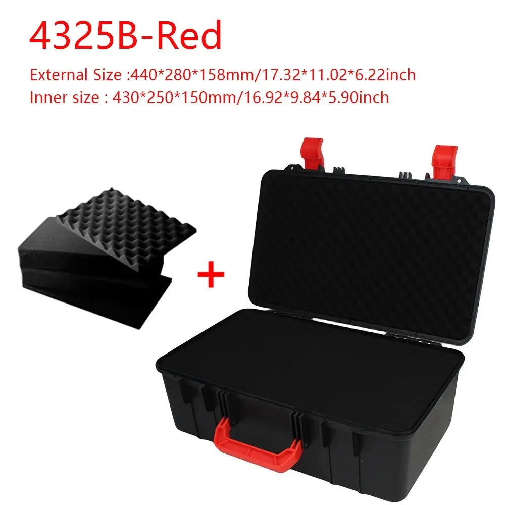 Waterproof hard tool case by Simples Market with red latches and handle, foam-padded interior