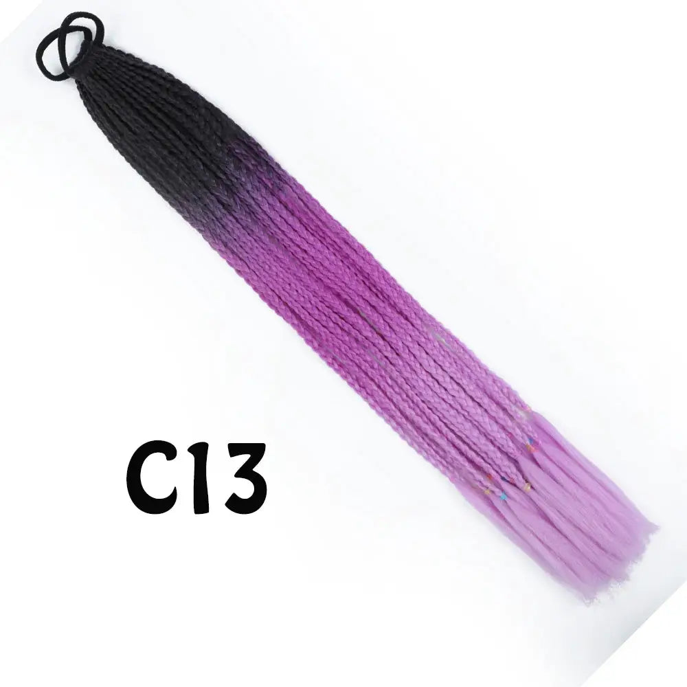 Synthetic gradient color braided ponytail extension with elastic band, 24 inches, black to purple