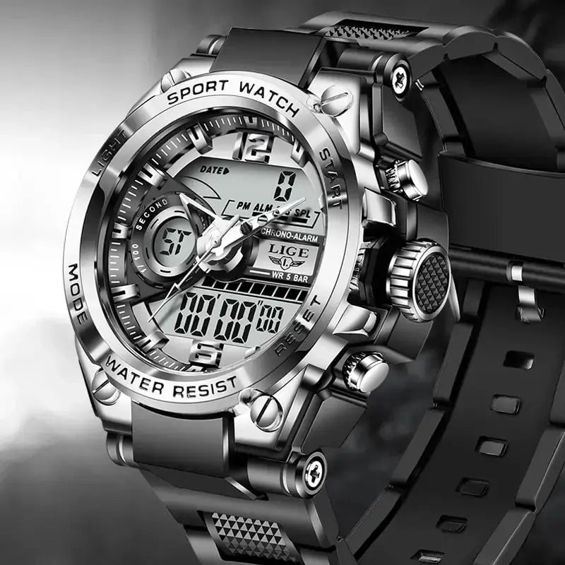 LIGE men's military sport watch with digital-analog display, stainless steel case, black strap, 50m water resistant.