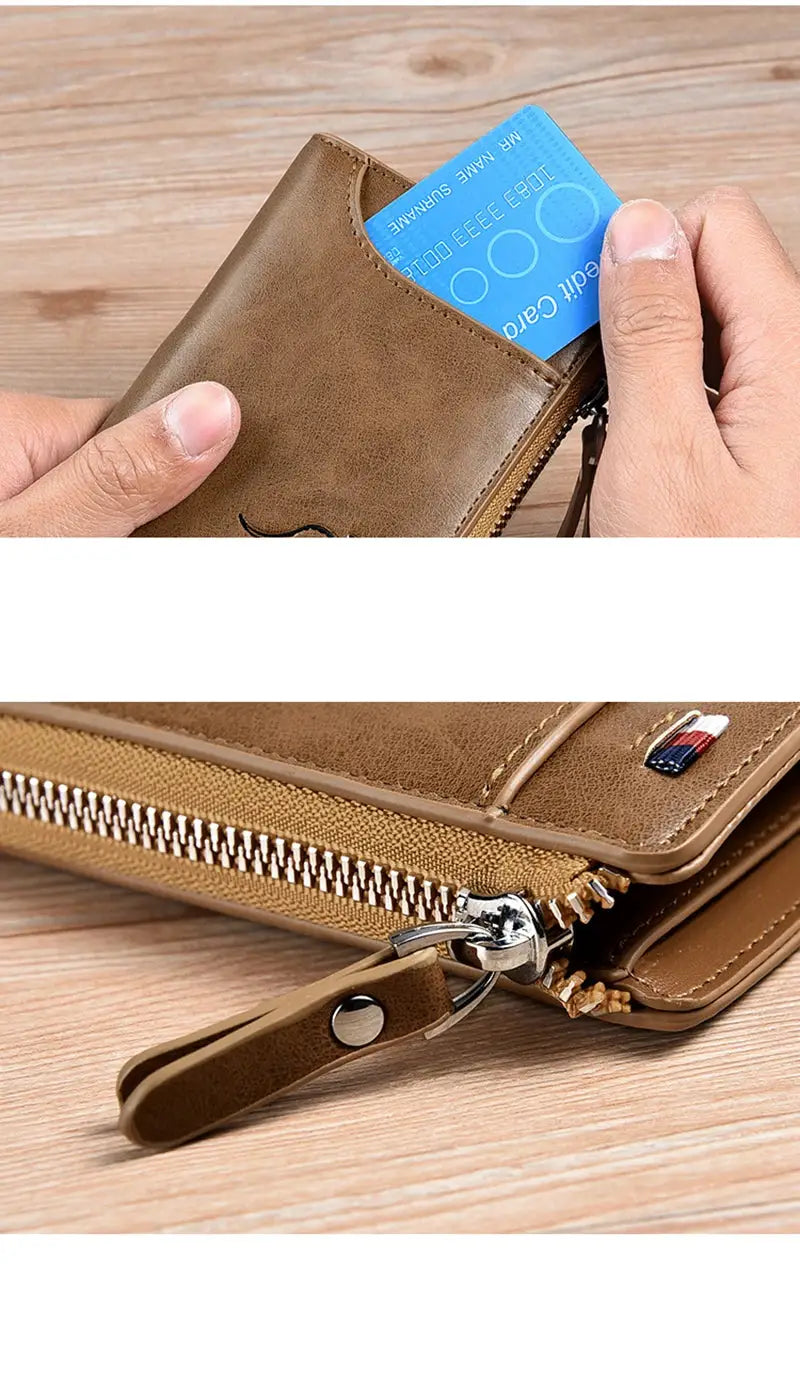 Brown leather men's zippered wallet with card slots and wrist strap