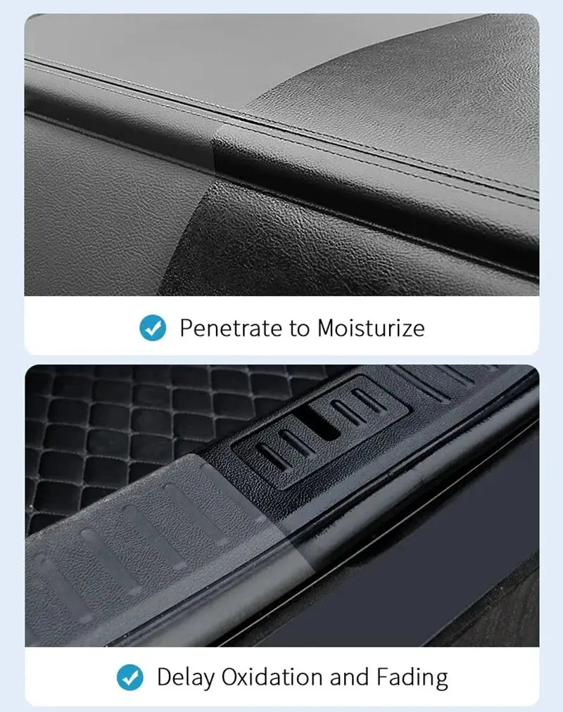 Plastic interior trim restorer and conditioner for black car surfaces; restores color, shine, and guards against fading.