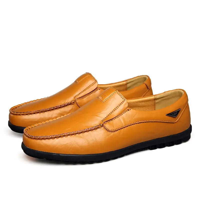 Leather men's loafers in tan brown, slip-on moccasins with black sole by Simples Market