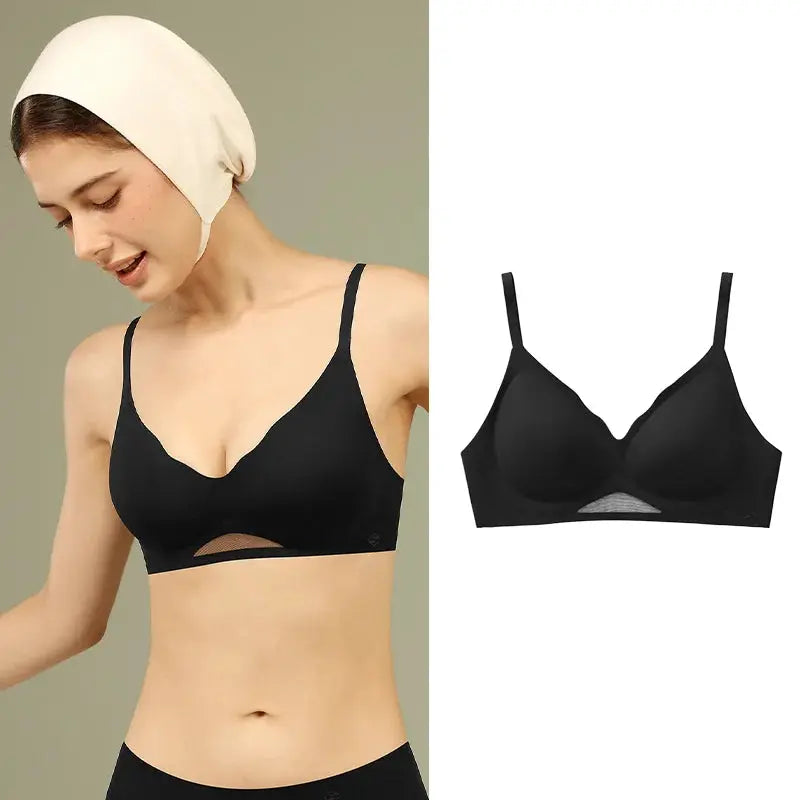 Women's push-up bra, black, seamless and wireless; two-view layout with model wearing it.