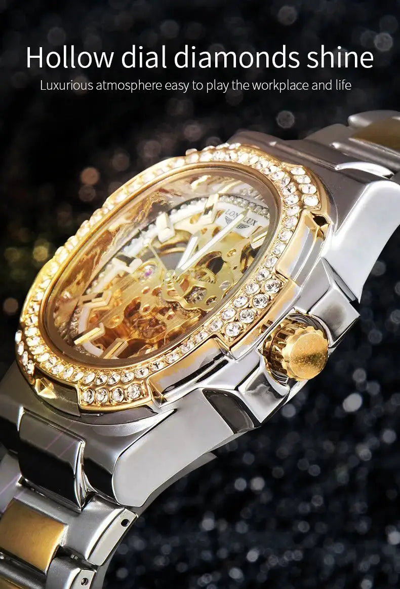 LONGLUX skeleton automatic watch; two-tone stainless steel bracelet with gold diamond bezel, Simples Market