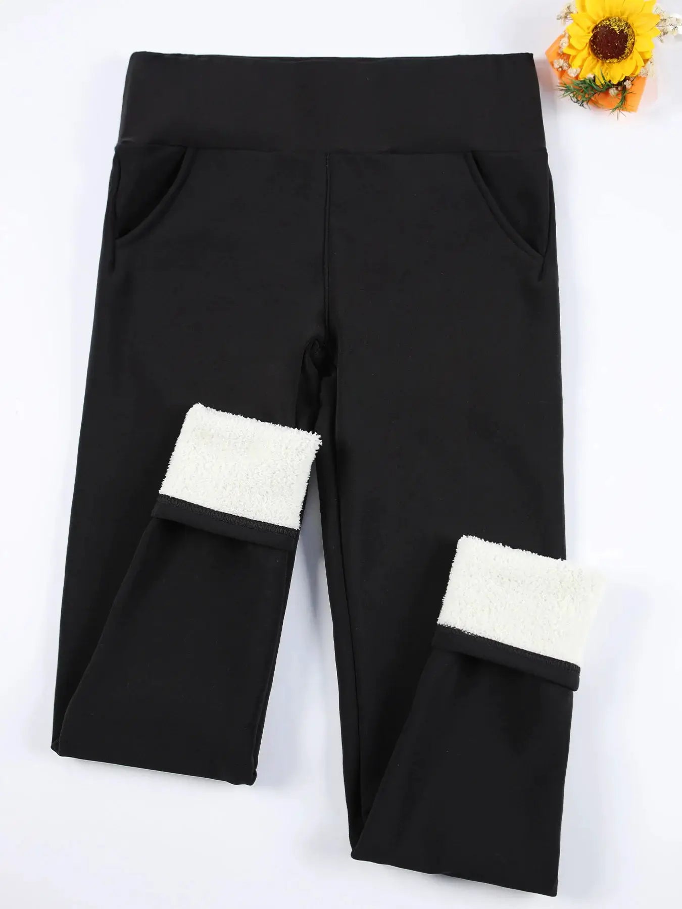Women's high-waist fleece-lined leggings with pockets, black thermal skinny pants by Simples Market