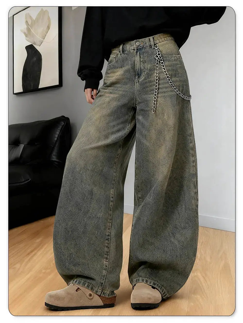 LIYS American Retro baggy wide-leg jeans by Simples Market, distressed gray denim with chain detail, unisex