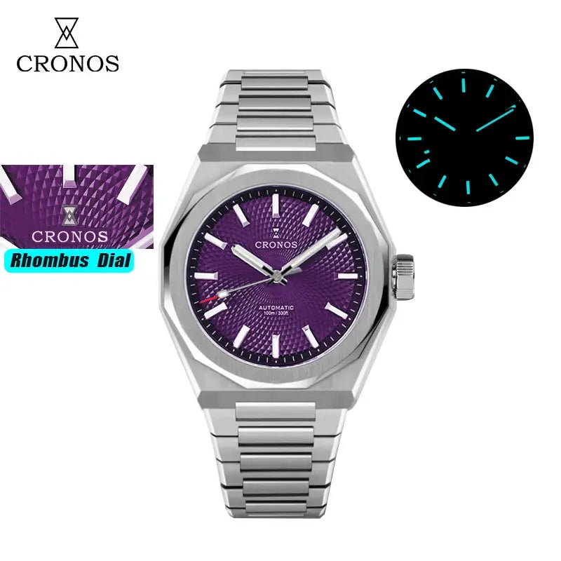 Cronos Rhombus 39mm stainless steel automatic wristwatch with purple textured dial and see-through caseback