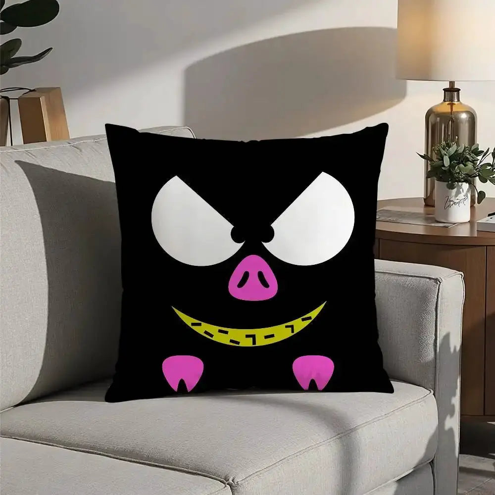 P Chan Ranma cartoon pillow cover, black plush fabric with double-sided print, white eyes, pink nose, yellow grin.