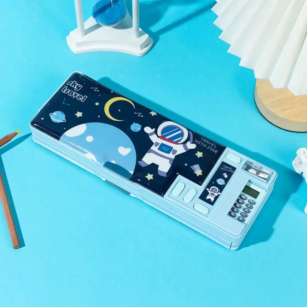 Double-layer pencil case with built-in calculator by Simples Market, blue plastic with space astronaut design