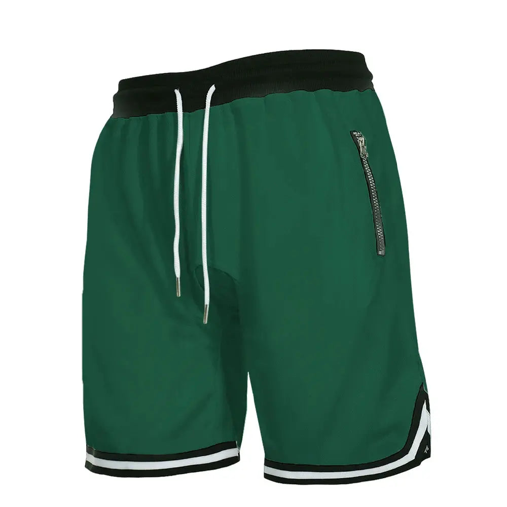 Men's green mesh quick-dry basketball shorts with white drawstrings and zip pocket